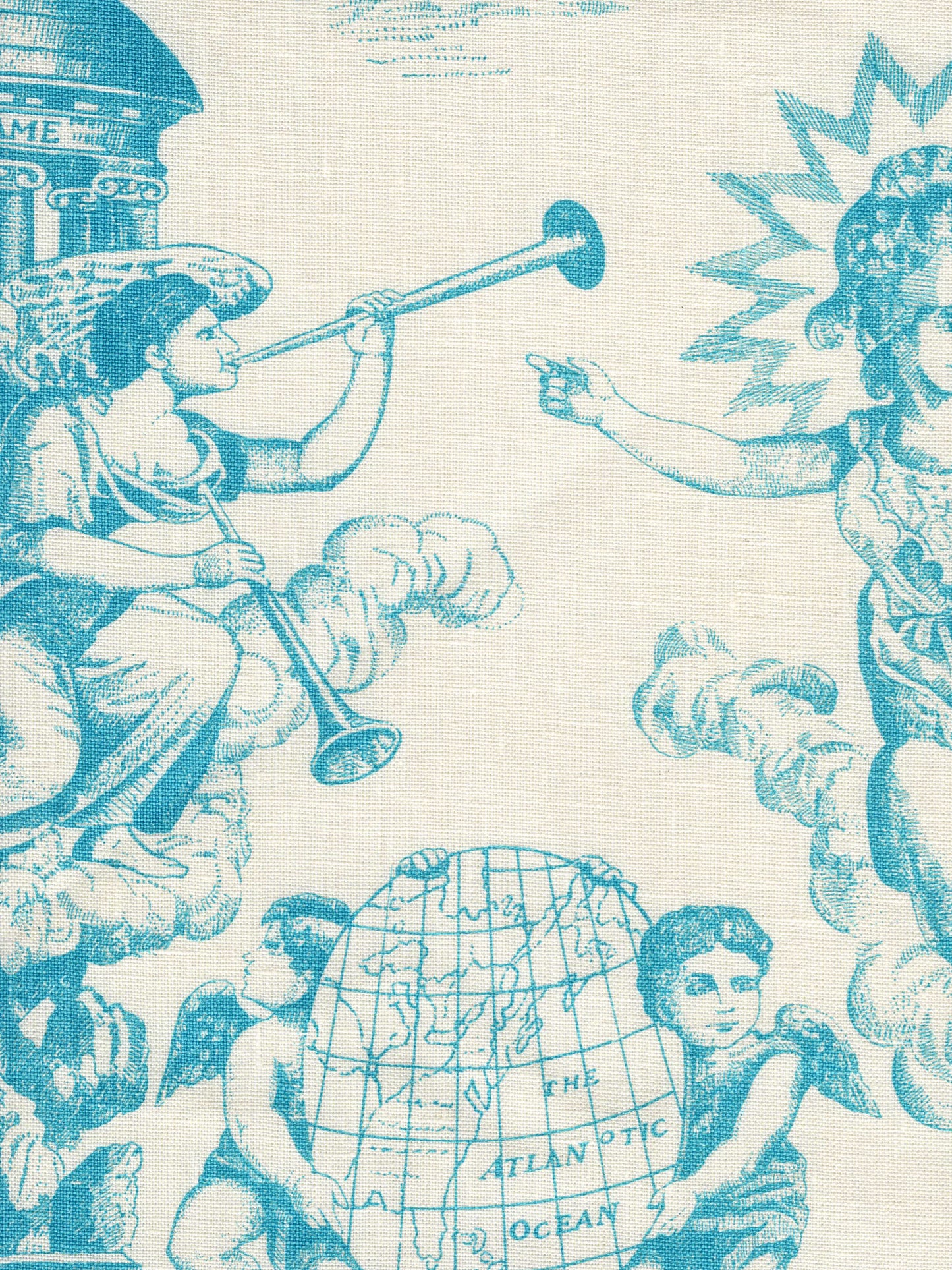 302711F-CU INDEPENDENCE ENGRAVING Turquoise on Tinted Linen Quadrille Fabric