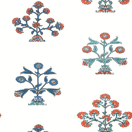 T10669 INDIAN FLOWER Coral And Blue Thibaut Wallpaper