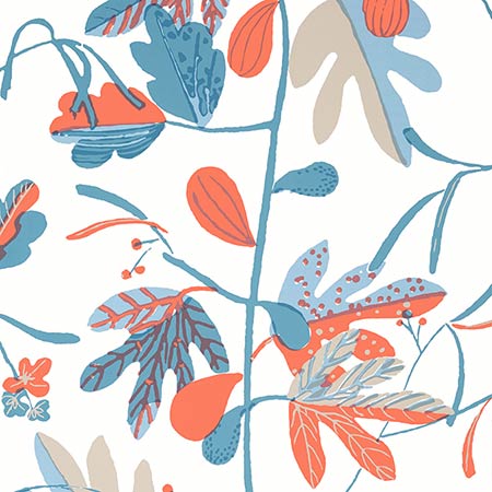 T16207 MATISSE LEAF French Blue And Coral Thibaut Wallpaper