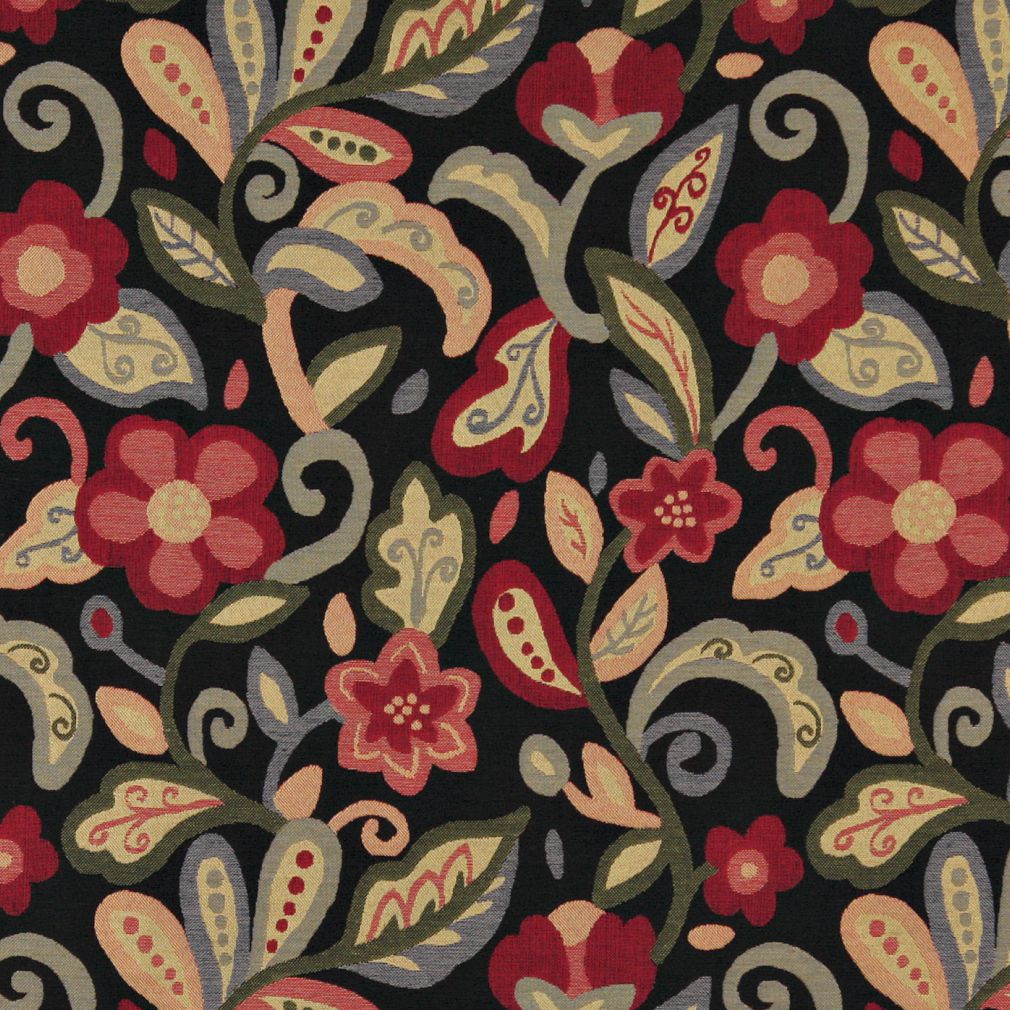 10023-03 Floral Black,Red & Burgundy Charlotte Fabrics Woven Patterns