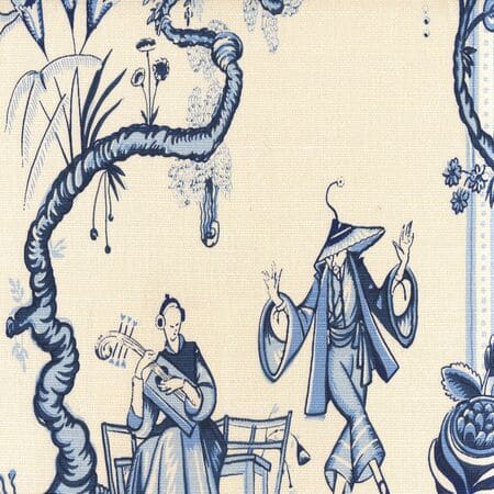 306154F DANSE CHINOIS Navy French Light Blue Quadrille Fabric