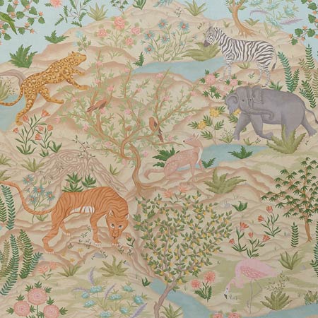 5013310 FINCHES JUNGLE PANEL SET Parchment Schumacher Wallpaper