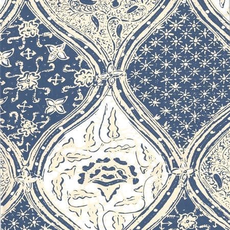 6630-08WP BALINESE BATIK Navy Cream On White Quadrille Wallpaper