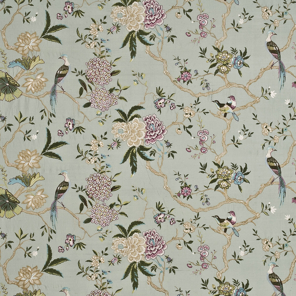 BF10418-2 ORIENTAL BIRD EMBROIDERY SILK AQUA/MULTI G P & J BAKER Fabrics Drapery Upholstery