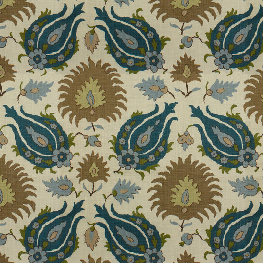 BR-700020-225 KASHMIRI LINEN PRINT TEAL BLUE/TAUPE BRUNSCHWIG & FILS