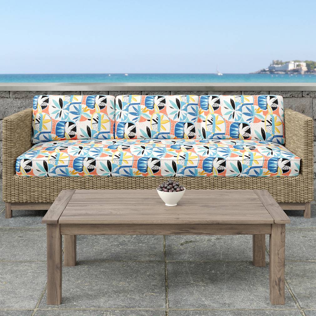 D1691 Abstract & Geometric Grenada Blue,Coral & Peach Charlotte Fabrics