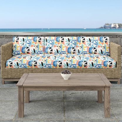 D1691 Abstract & Geometric Grenada Blue,Coral & Peach Charlotte Fabrics