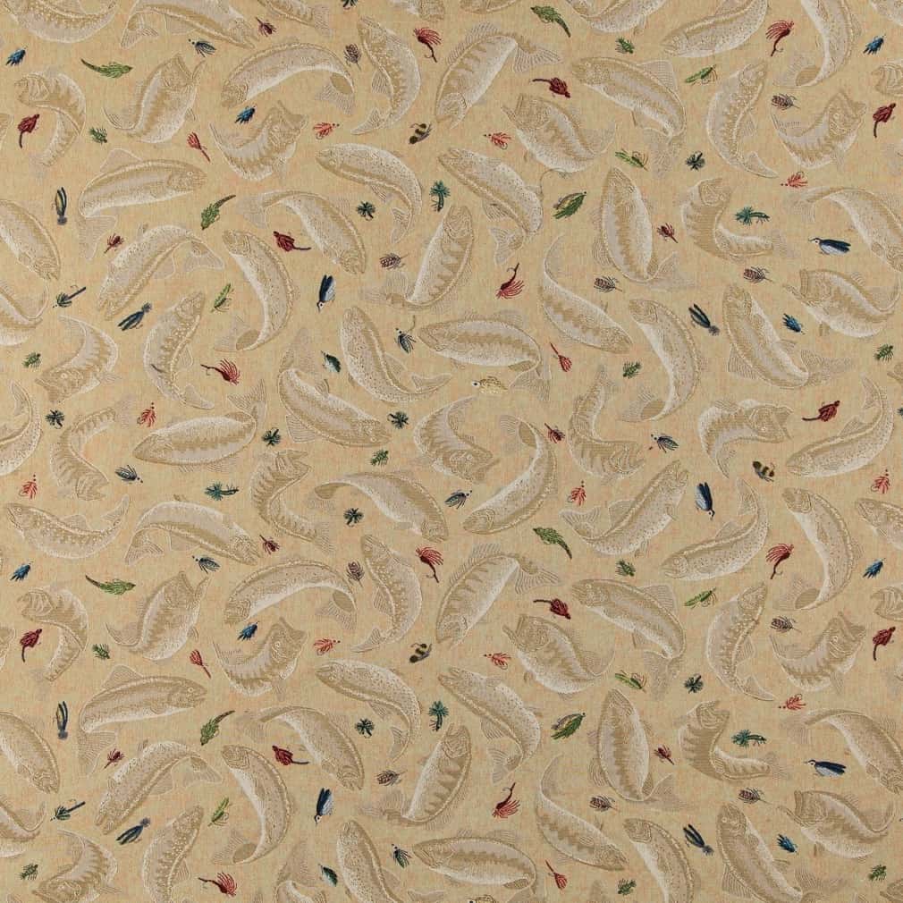 D2680 Novelty Fishing Khaki Beige & Taupe Charlotte Fabrics