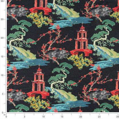 D3350 Global,Novelty,Toile Ebony Black,Green,Red & Burgundy Charlotte Fabrics