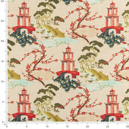 D3353 Global,Novelty,Toile Garden Green,Red & Burgundy Charlotte Fabrics