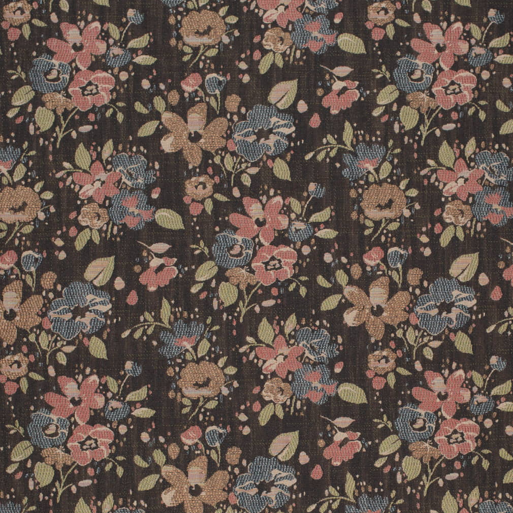 D4380 Floral Onyx Black,Blue,Coral & Peach Charlotte Fabrics