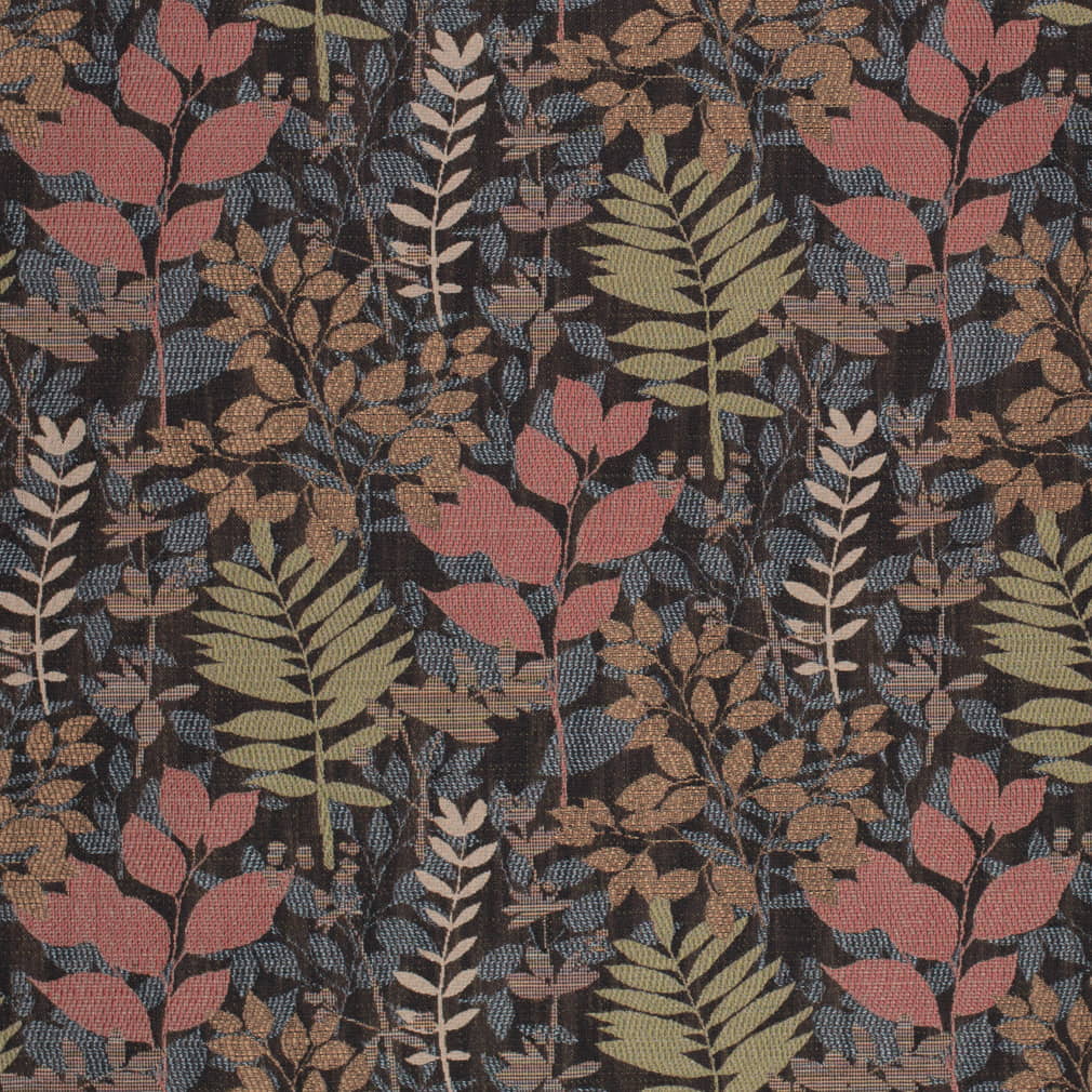 D4382 Leaves,Tropical & Botanical Black,Blue,Coral & Peach Charlotte Fabrics Tapestry,Woven Patterns