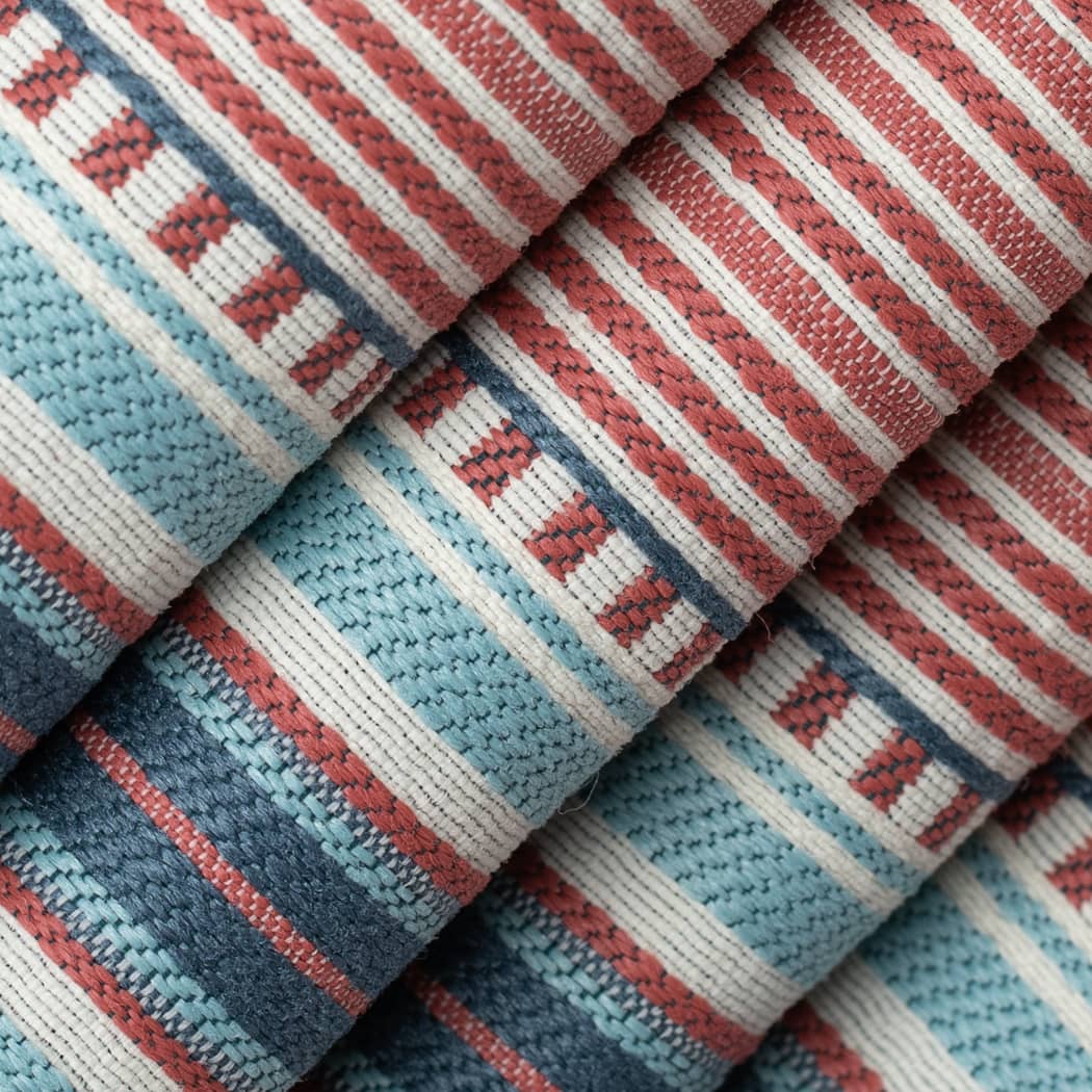 D4564 Stripe Terrace Poppy Blue,Red & Burgundy Charlotte Fabrics