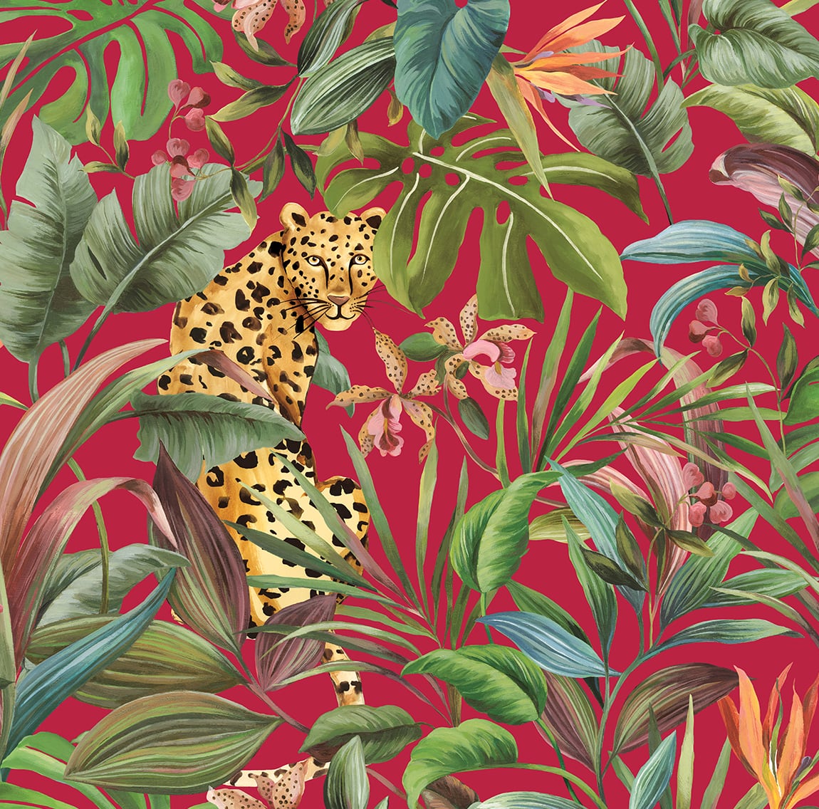 DB20101 Daisy Bennett Designs Daisy Bennett Peel and Stick Wallpaper Tropical Leopard  Gloss Red