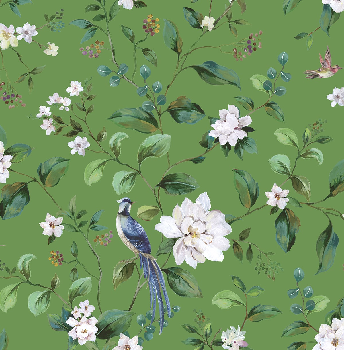 DB20804 Daisy Bennett Designs Daisy Bennett Peel and Stick Wallpaper Chinoiserie Bird Vine Green