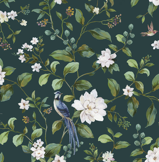 DB20814 Daisy Bennett Designs Daisy Bennett Peel and Stick Wallpaper Chinoiserie Bird Vine Teal