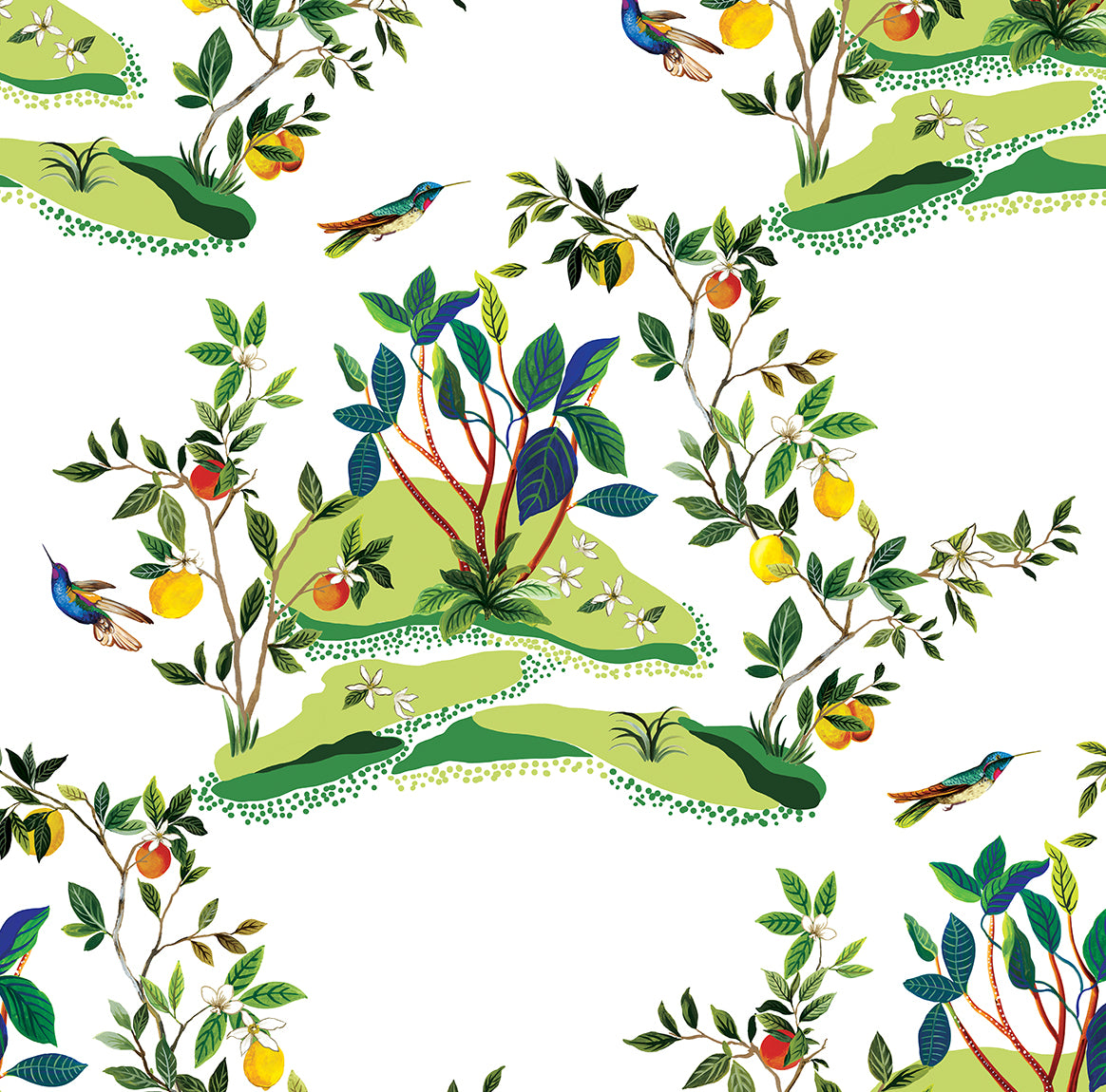 DBW9001 Daisy Bennett Designs West Boulevard Collection Wallpaper Citrus Hummingbird White