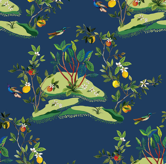 DBW9002 Daisy Bennett Designs West Boulevard Collection Wallpaper Citrus Hummingbird Navy Blue