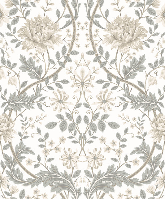 EP10000 Etten Studios Etten Prepasted Wallcoverings Wallpaper Honeysuckle Floral Prepasted Ivory & Grey