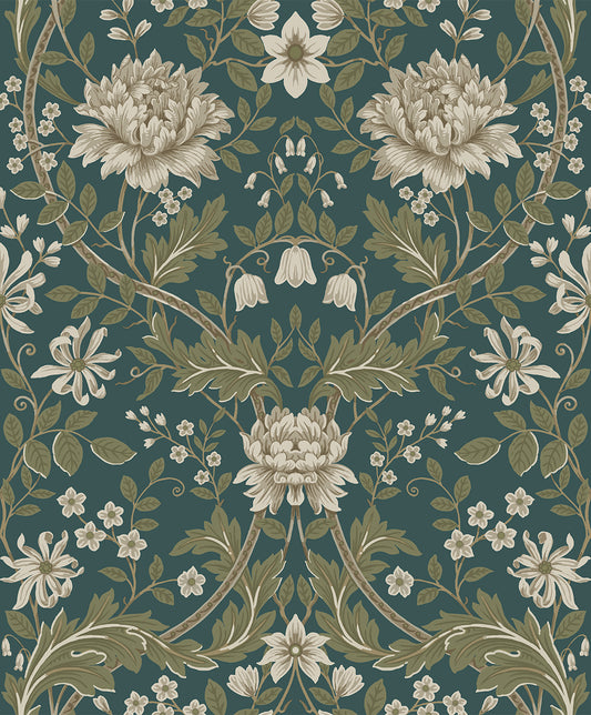 EP10004 Etten Studios Etten Prepasted Wallcoverings Wallpaper Honeysuckle Floral Prepasted Teal & Moss Green