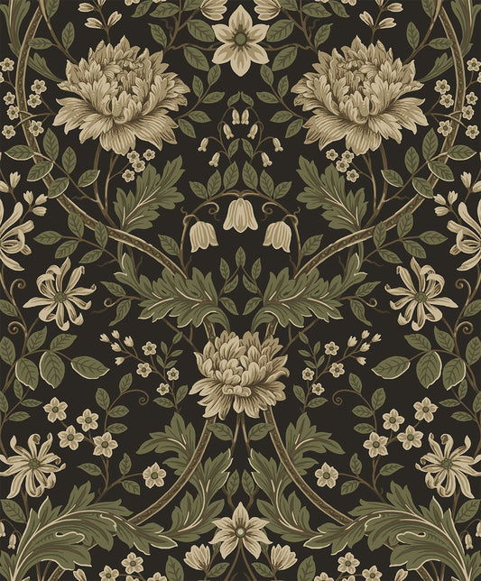 EP10006 Etten Studios Etten Prepasted Wallcoverings Wallpaper Honeysuckle Floral Prepasted Brown & Sage