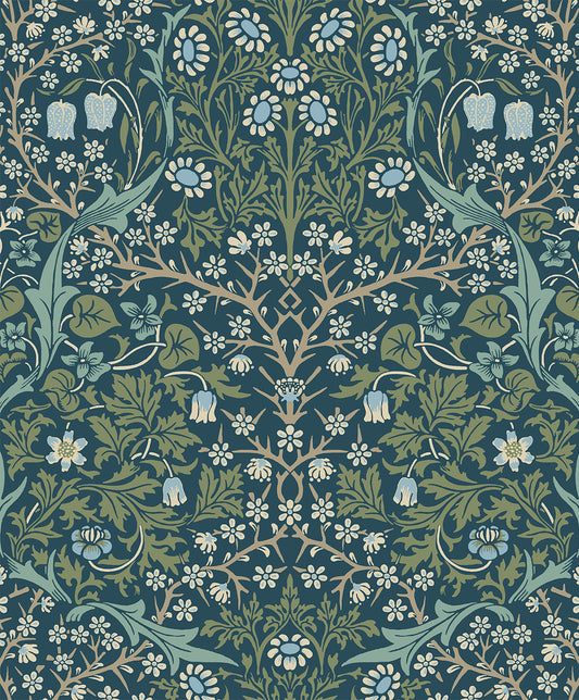 EP10102 Etten Studios Etten Prepasted Wallcoverings Wallpaper Victorian Garden Floral Prepasted Prussian Blue & Moss Green
