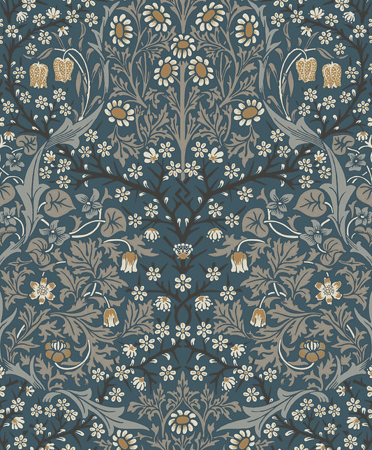 EP10112 Etten Studios Etten Prepasted Wallcoverings Wallpaper Victorian Garden Floral Prepasted Aegean Blue & Warm Stone
