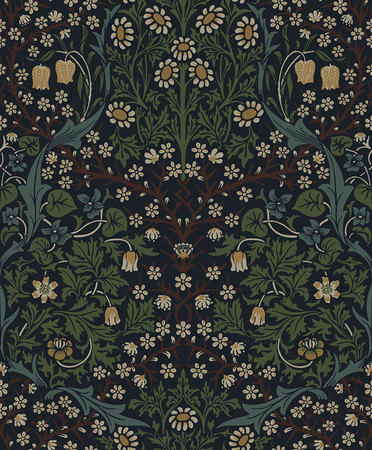 EP10122 Etten Studios Etten Prepasted Wallcoverings Wallpaper Victorian Garden Floral Prepasted Midnight Blue & Evergreen
