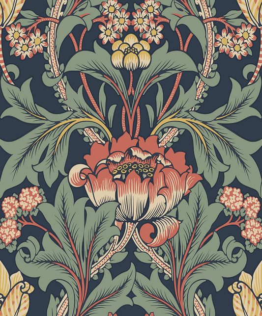 EP10202 Etten Studios Etten Prepasted Wallcoverings Wallpaper Primrose Garden Floral Prepasted Denim Blue & Auburn