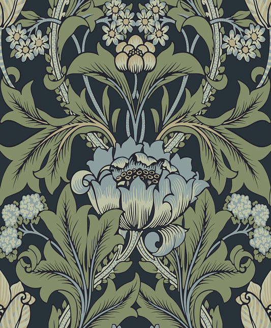 EP10212 Etten Studios Etten Prepasted Wallcoverings Wallpaper Primrose Garden Floral Prepasted Midnight Blue & Sage