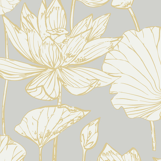 ET10906 Etten Studios Etten Studios Online Wallpaper Water Lily Floral Metallic Gold & Grey