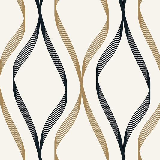 ET11806 Etten Studios Etten Studios Online Wallpaper Wave Ogee Metallic Gold & Ebony