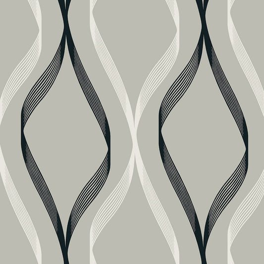 ET11808 Etten Studios Etten Studios Online Wallpaper Wave Ogee Fog Grey & Ebony