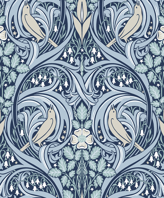 ET12202 Etten Studios Legacy Prints Wallpaper Bird Scroll Denim & Blue Mist