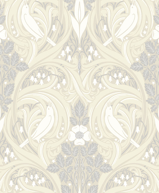 ET12205 Etten Studios Legacy Prints Wallpaper Bird Scroll Swiss Coffee & Grey
