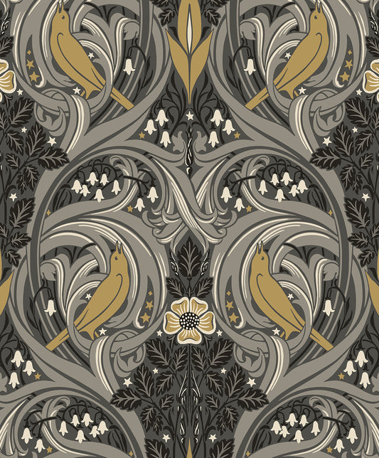 ET12208 Etten Studios Legacy Prints Wallpaper Bird Scroll Charcoal & Goldenrod