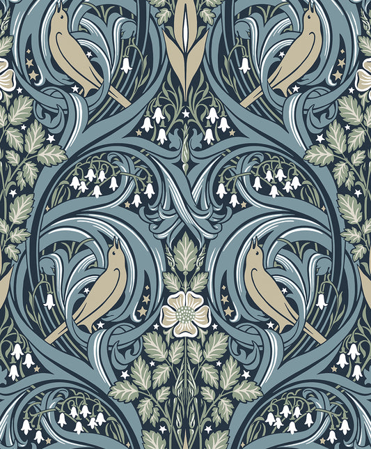 ET12212 Etten Studios Legacy Prints Wallpaper Bird Scroll Navy & Beige