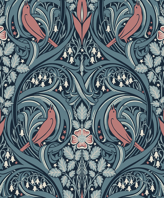 ET12222 Etten Studios Legacy Prints Wallpaper Bird Scroll Aegean Teal & Coral
