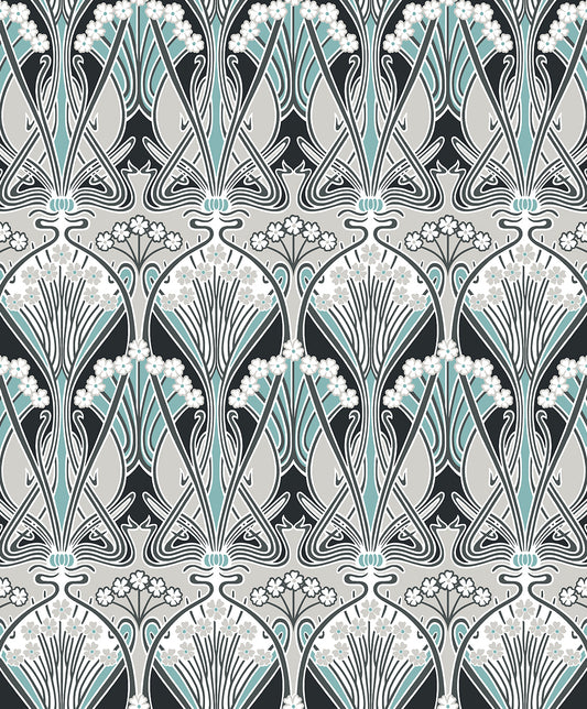 ET12404 Etten Studios Legacy Prints Wallpaper Dragonfly Damask Ebony & Aqua