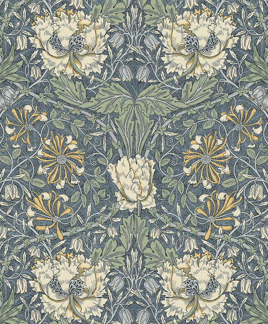 ET12602 Etten Studios Legacy Prints Wallpaper Ogee Flora Blue Lake & French Vanilla