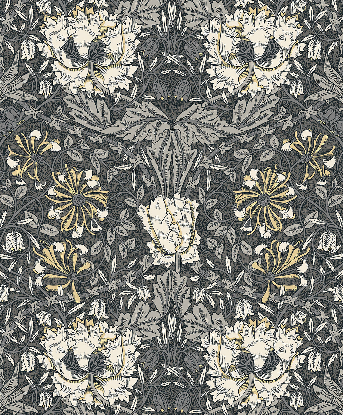 ET12608 Etten Studios Legacy Prints Wallpaper Ogee Flora Charcoal & Goldenrod