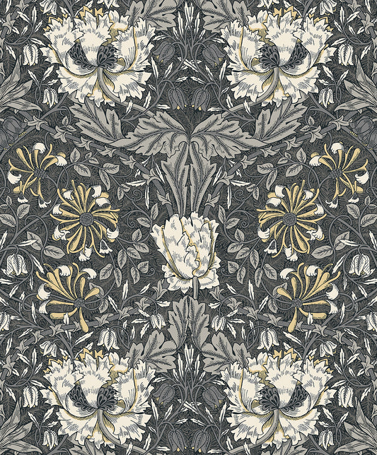 ET12608 Etten Studios Legacy Prints Wallpaper Ogee Flora Charcoal & Goldenrod