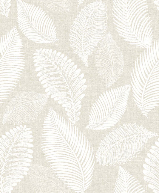 EW10005 Seabrook Designs White Heron Wallpaper Tossed Leaves Warm Sand