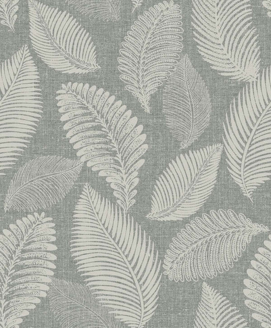 EW10010 Seabrook Designs White Heron Wallpaper Tossed Leaves Charcoal Linen