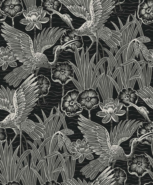 EW11000 Seabrook Designs White Heron Wallpaper Marsh Cranes Midnight