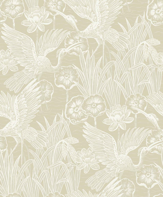 EW11005 Seabrook Designs White Heron Wallpaper Marsh Cranes Shore