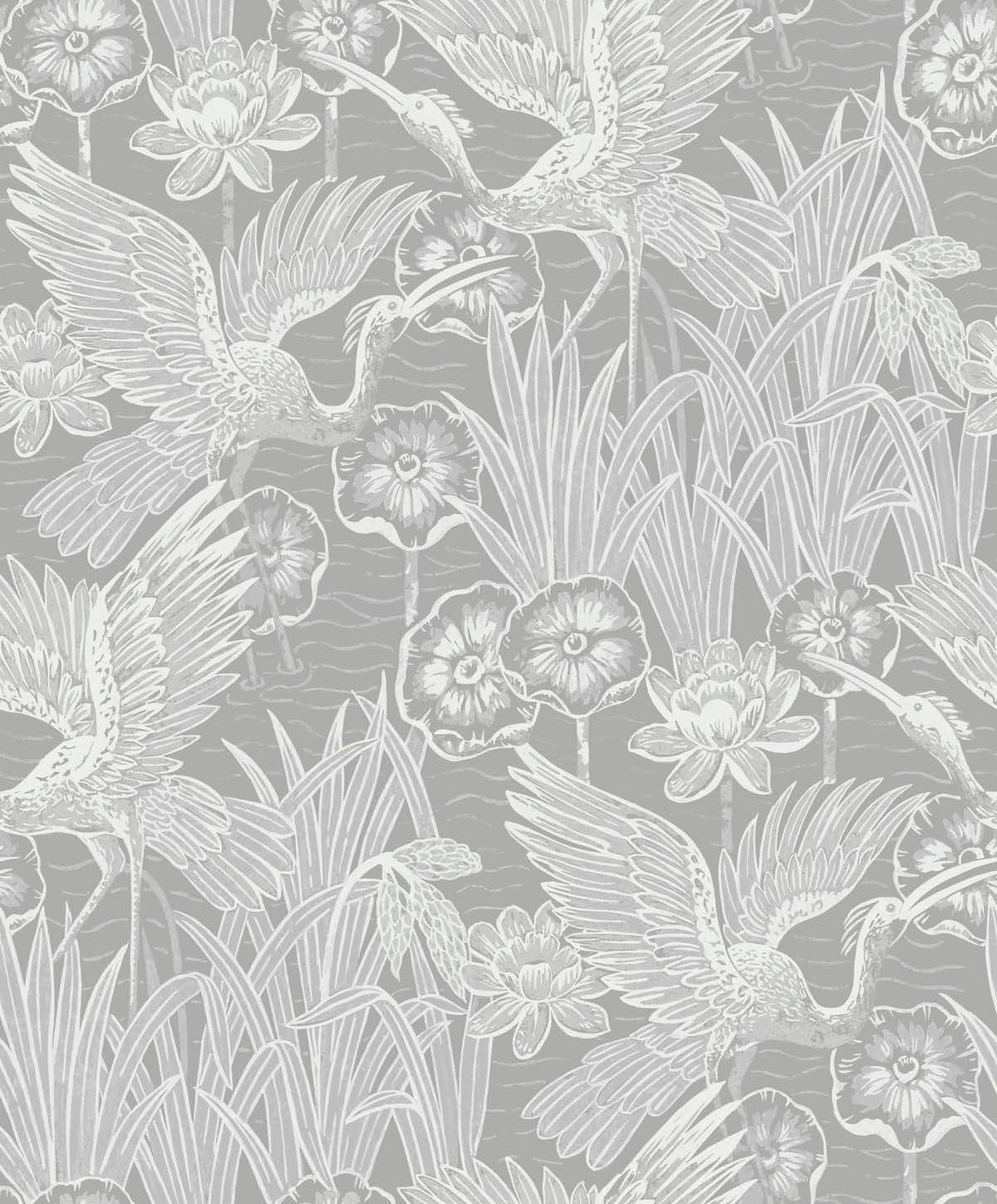 EW11008 Seabrook Designs White Heron Wallpaper Marsh Cranes Anew Grey
