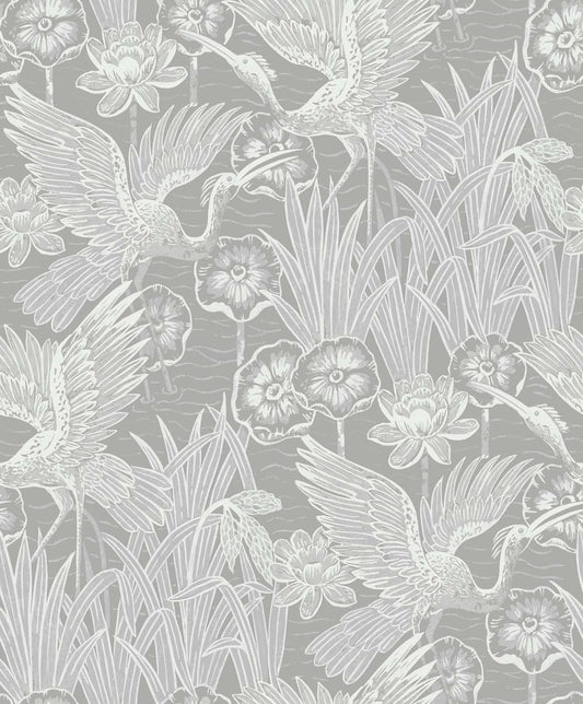 EW11008 Seabrook Designs White Heron Wallpaper Marsh Cranes Anew Grey