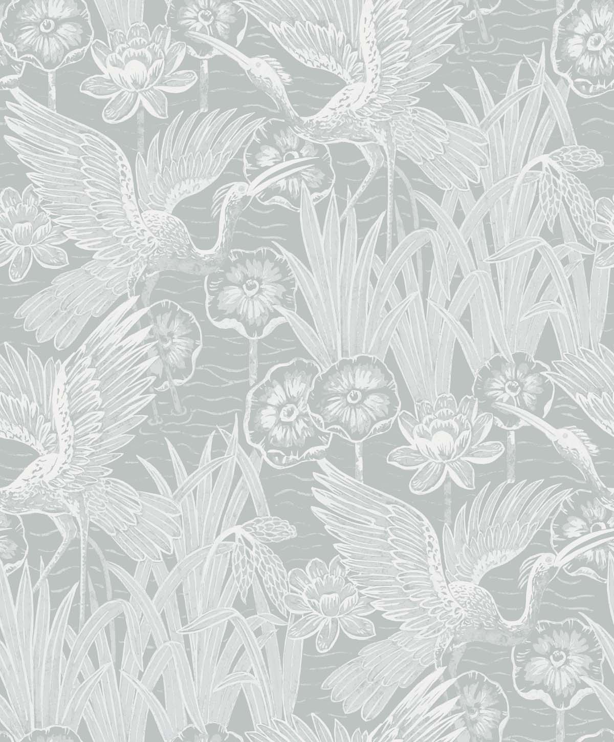 EW11018 Seabrook Designs White Heron Wallpaper Marsh Cranes Mist