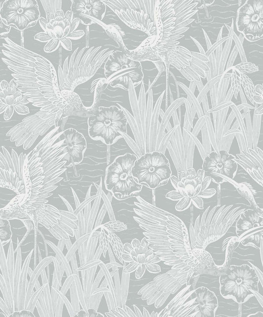 EW11018 Seabrook Designs White Heron Wallpaper Marsh Cranes Mist